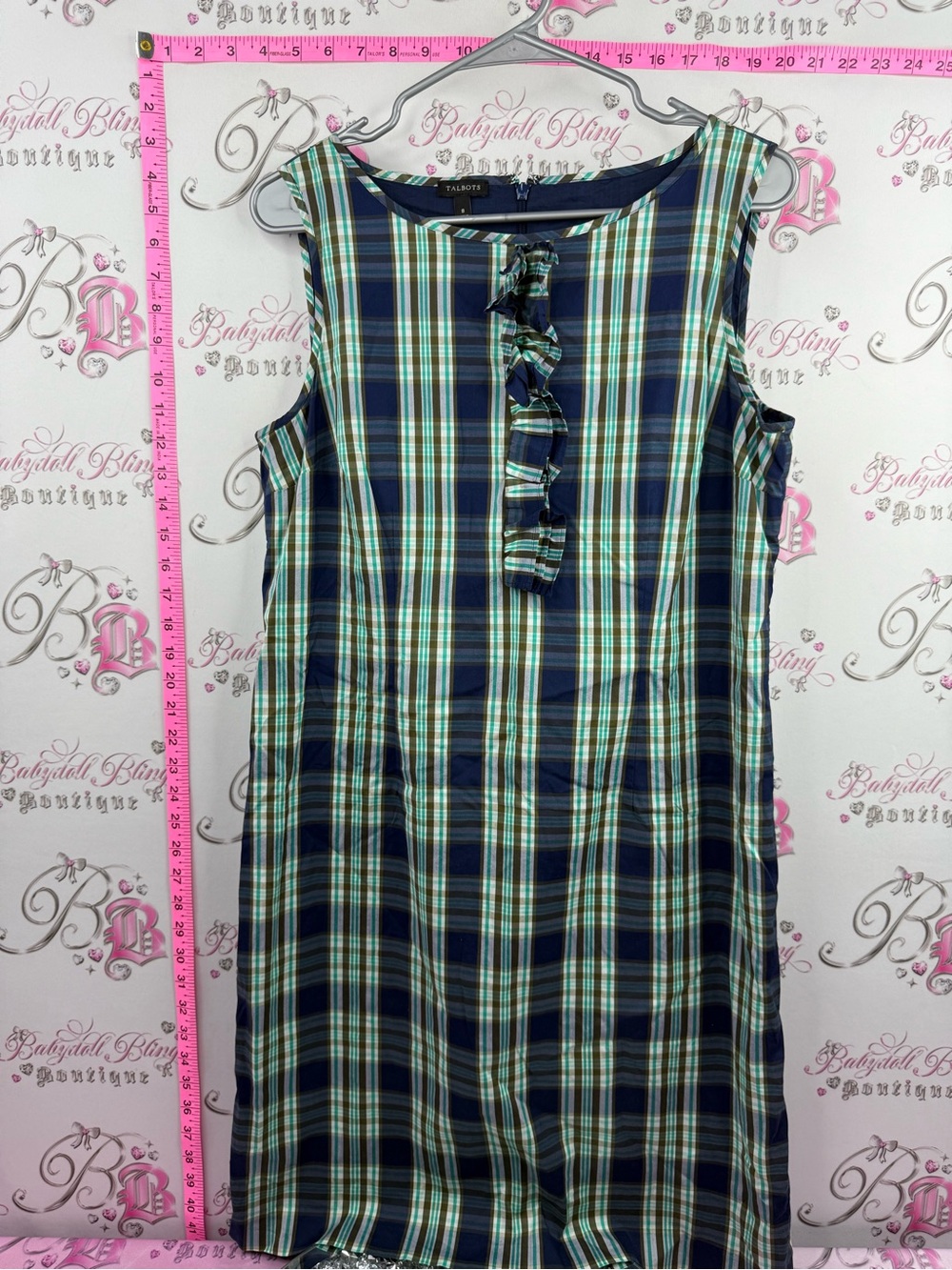 Talbots dress plaid Navy and Teal Plaid Sleeveless Midi Dress